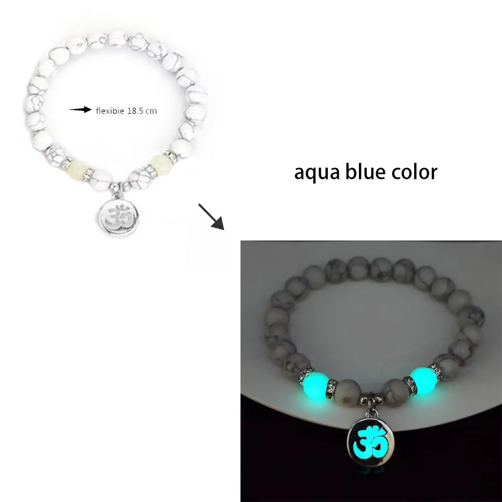 Natural Stone Bracelet Yoga Healing Luminous Glow in the Dark Bracelet Lotus Charm Beads Bracelet for Men Women Prayer Buddhism