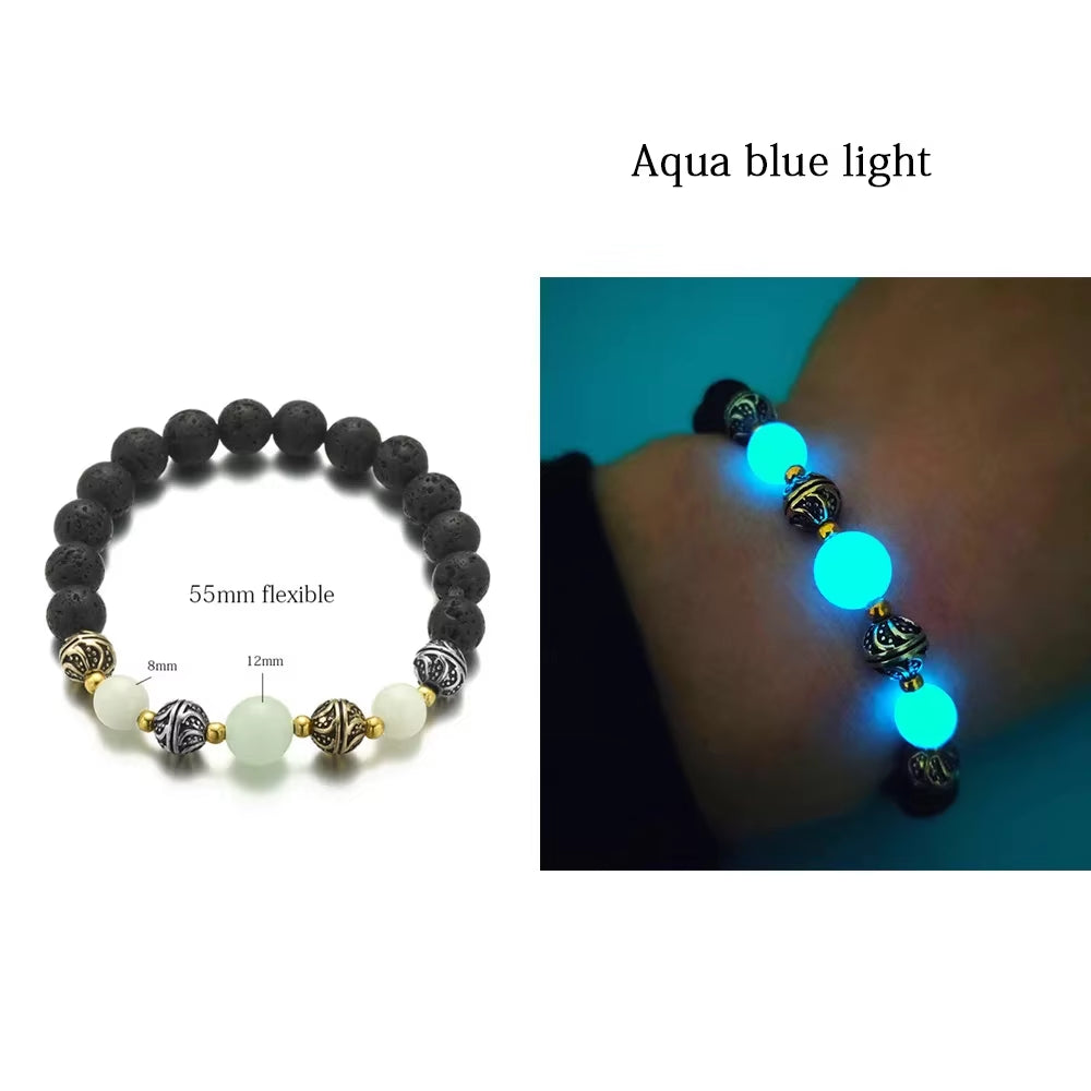 Natural Stone Bracelet Yoga Healing Luminous Glow in the Dark Bracelet Lotus Charm Beads Bracelet for Men Women Prayer Buddhism