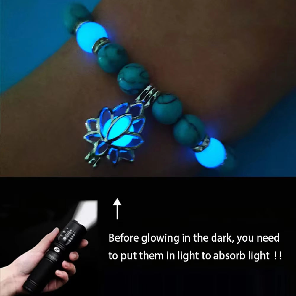 Natural Stone Bracelet Yoga Healing Luminous Glow in the Dark Bracelet Lotus Charm Beads Bracelet for Men Women Prayer Buddhism