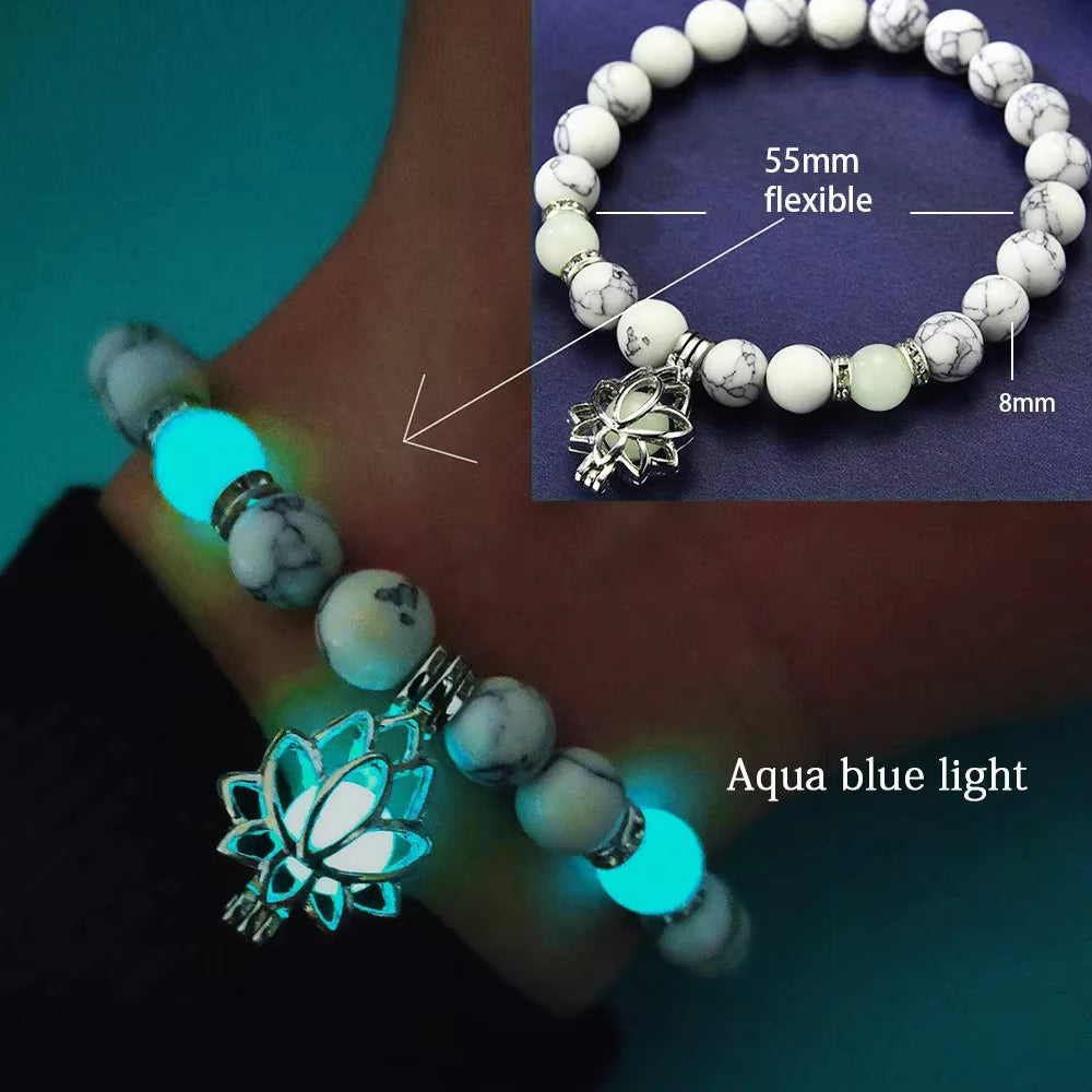 Natural Stone Bracelet Yoga Healing Luminous Glow in the Dark Bracelet Lotus Charm Beads Bracelet for Men Women Prayer Buddhism