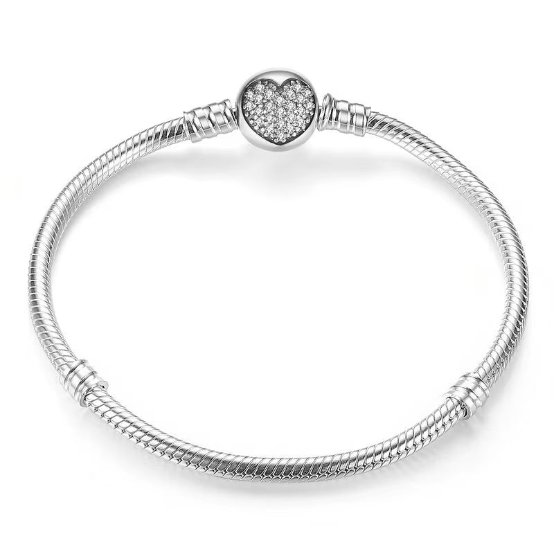 925 Sterling Silver Bracelet – Barrel Snap Clasp, Cubic Zirconia, Bangle Bracelet, Chain Bracelet, Charm, Sizes 17–21