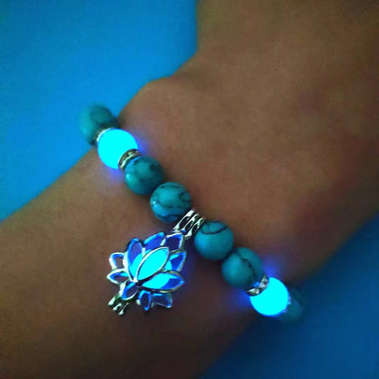 Natural Stone Bracelet Yoga Healing Luminous Glow in the Dark Bracelet Lotus Charm Beads Bracelet for Men Women Prayer Buddhism