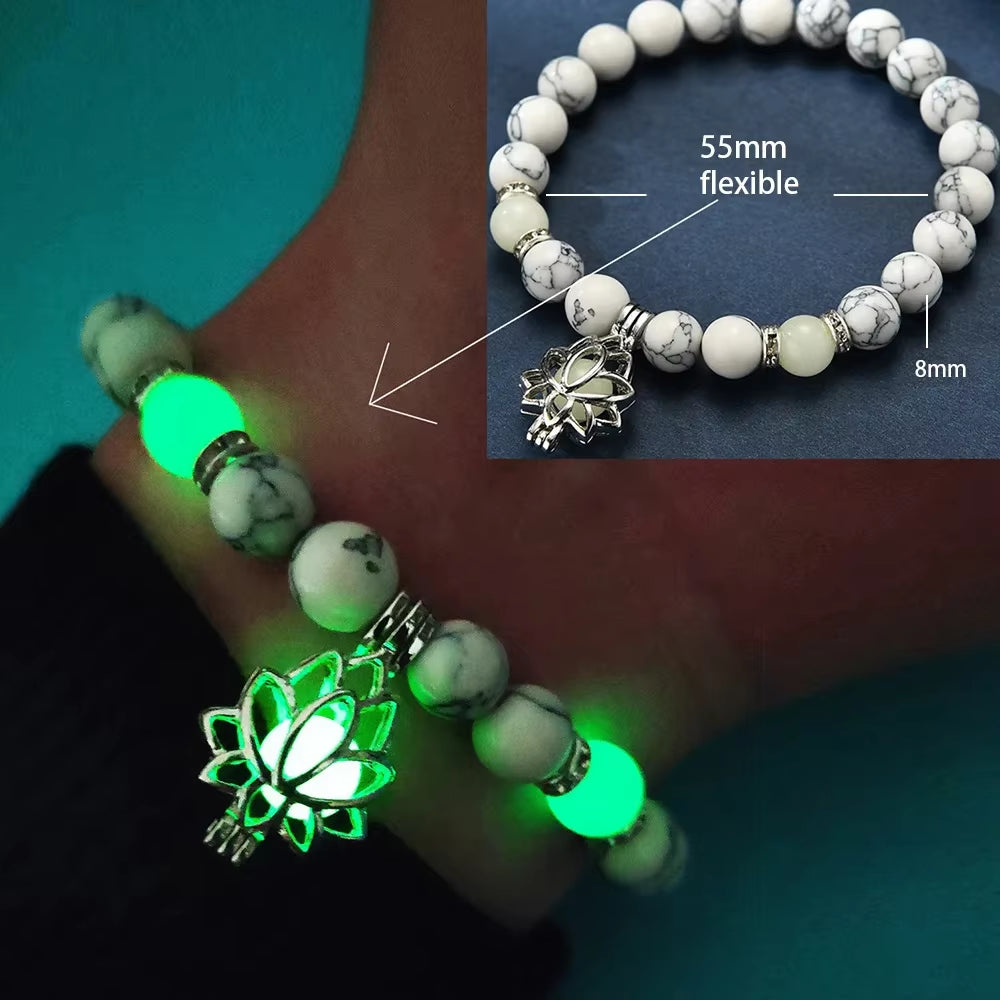 Natural Stone Bracelet Yoga Healing Luminous Glow in the Dark Bracelet Lotus Charm Beads Bracelet for Men Women Prayer Buddhism