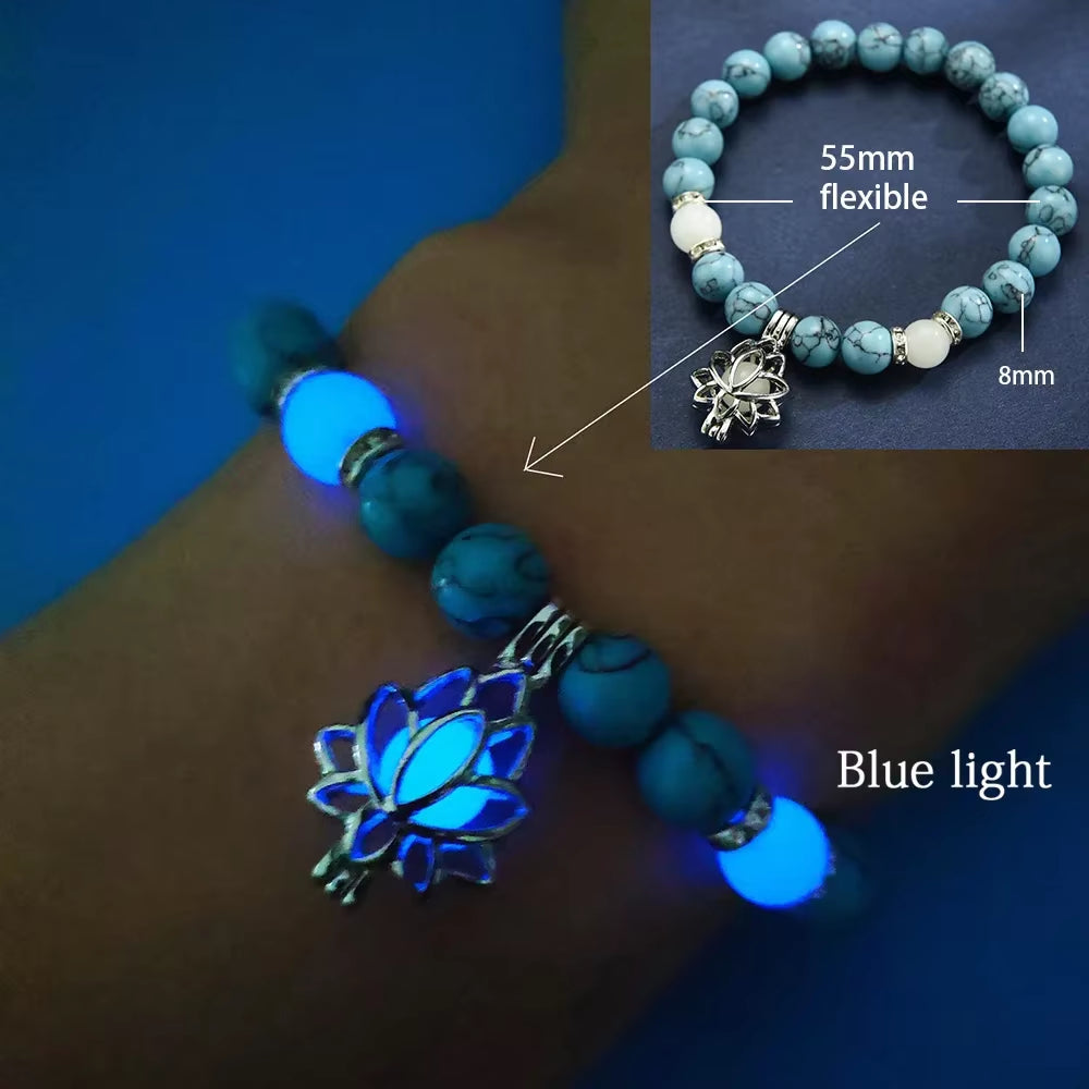 Natural Stone Bracelet Yoga Healing Luminous Glow in the Dark Bracelet Lotus Charm Beads Bracelet for Men Women Prayer Buddhism