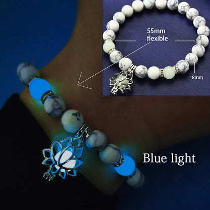 Natural Stone Bracelet Yoga Healing Luminous Glow in the Dark Bracelet Lotus Charm Beads Bracelet for Men Women Prayer Buddhism