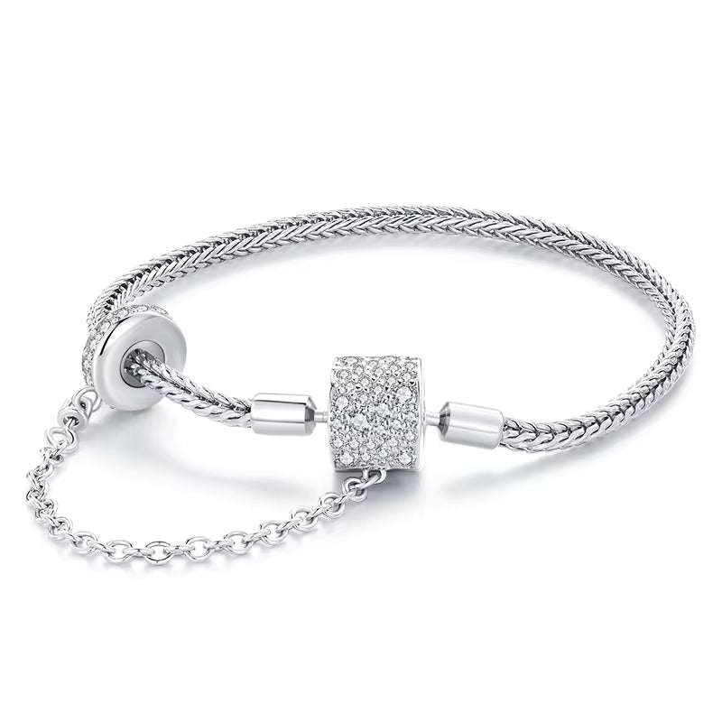 925 Sterling Silver Bracelet – Barrel Snap Clasp, Cubic Zirconia, Bangle Bracelet, Chain Bracelet, Charm, Sizes 17–21