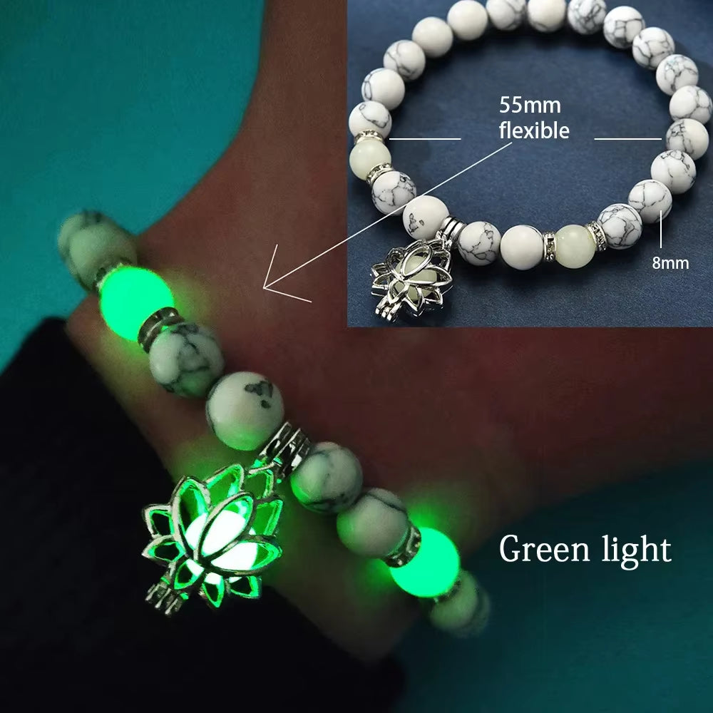 Natural Stone Bracelet Yoga Healing Luminous Glow in the Dark Bracelet Lotus Charm Beads Bracelet for Men Women Prayer Buddhism