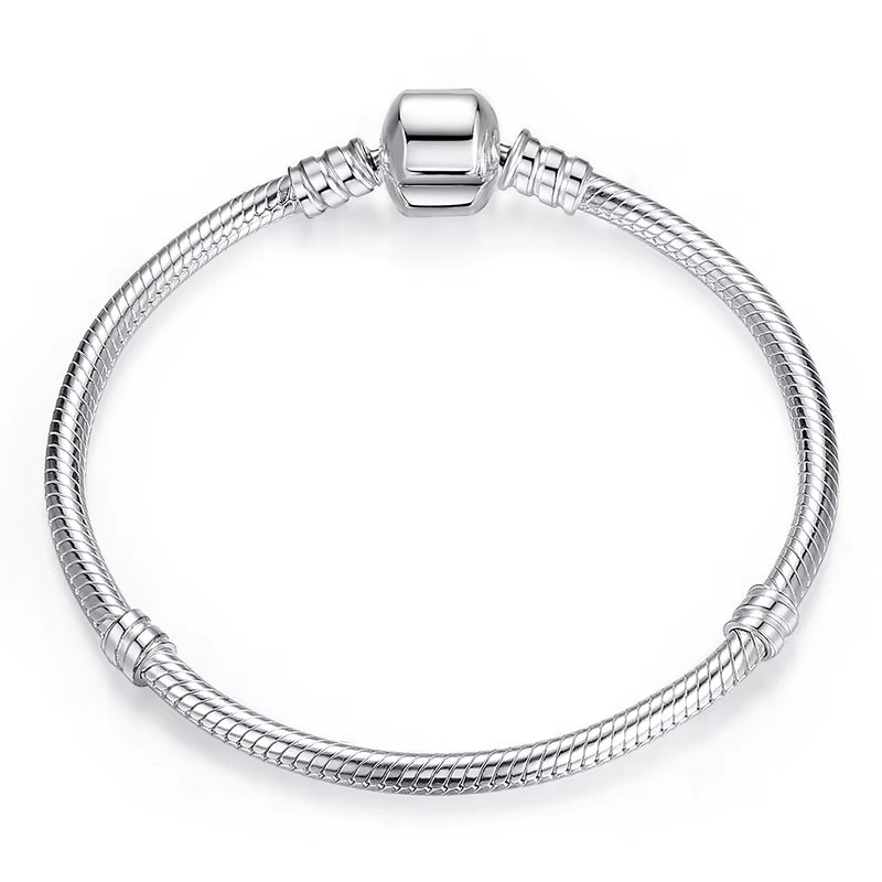 925 Sterling Silver Bracelet – Barrel Snap Clasp, Cubic Zirconia, Bangle Bracelet, Chain Bracelet, Charm, Sizes 17–21