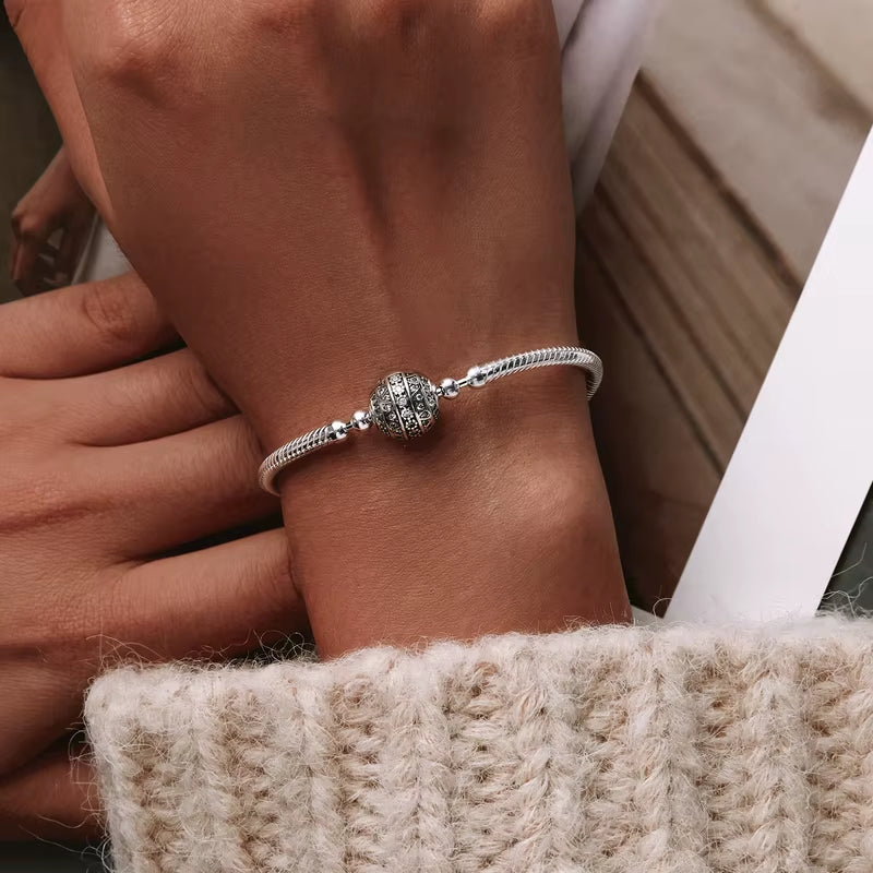 925 Sterling Silver Bracelet – Barrel Snap Clasp, Cubic Zirconia, Bangle Bracelet, Chain Bracelet, Charm, Sizes 17–21